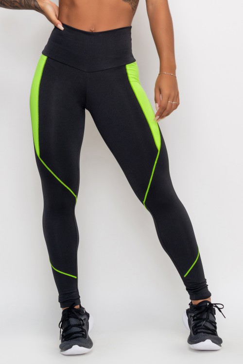 Legging Fitness Preta e Neon com recortes