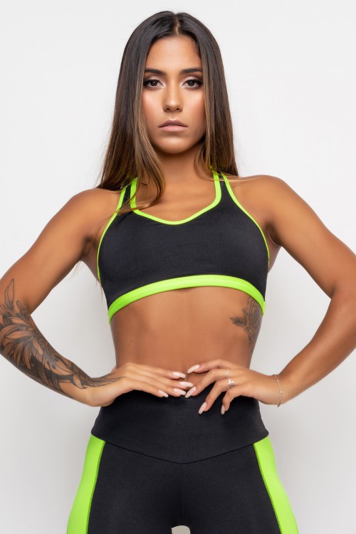 Top Fitness Preto e Neon com Bojo Removível