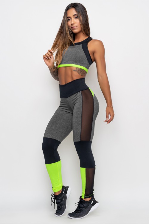 Legging Fitness Mescla com Tule e Neon