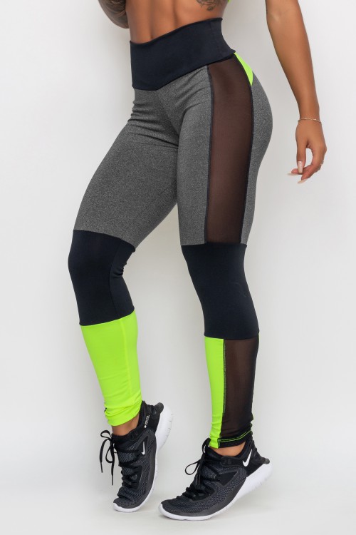 Legging Fitness Mescla com Tule e Neon