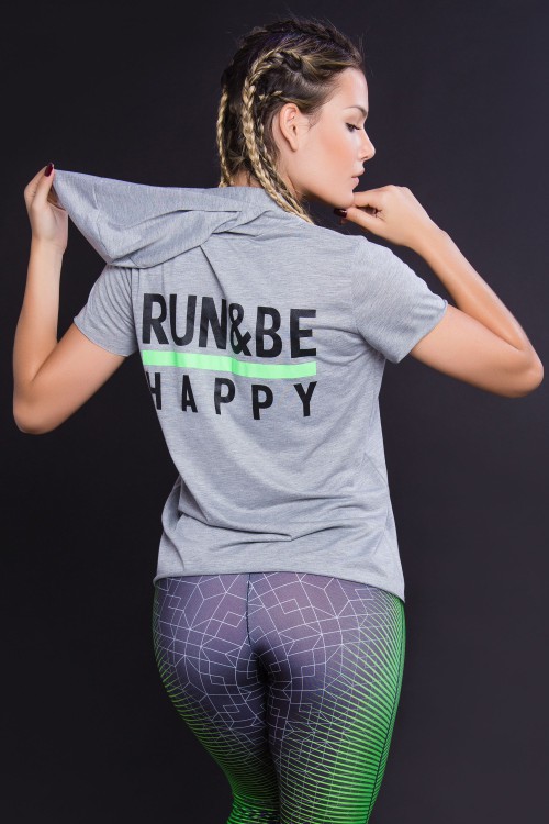 Blusa Fitness Feminina Cinza com Capuz Run Happy
