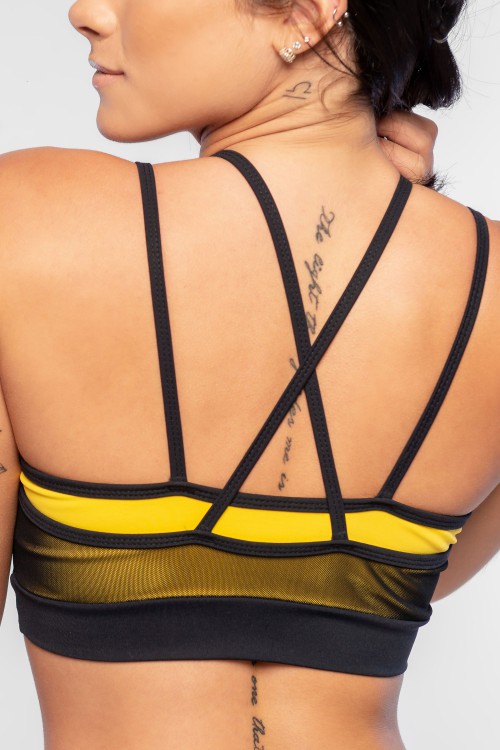 Top Fitness Feminino Amarelo com Tule Bolaine