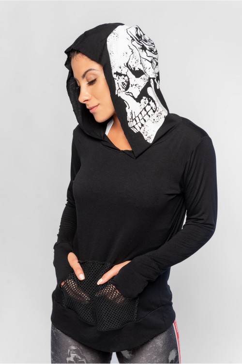 Blusa Fitness Feminina com Capuz Skull Hood
